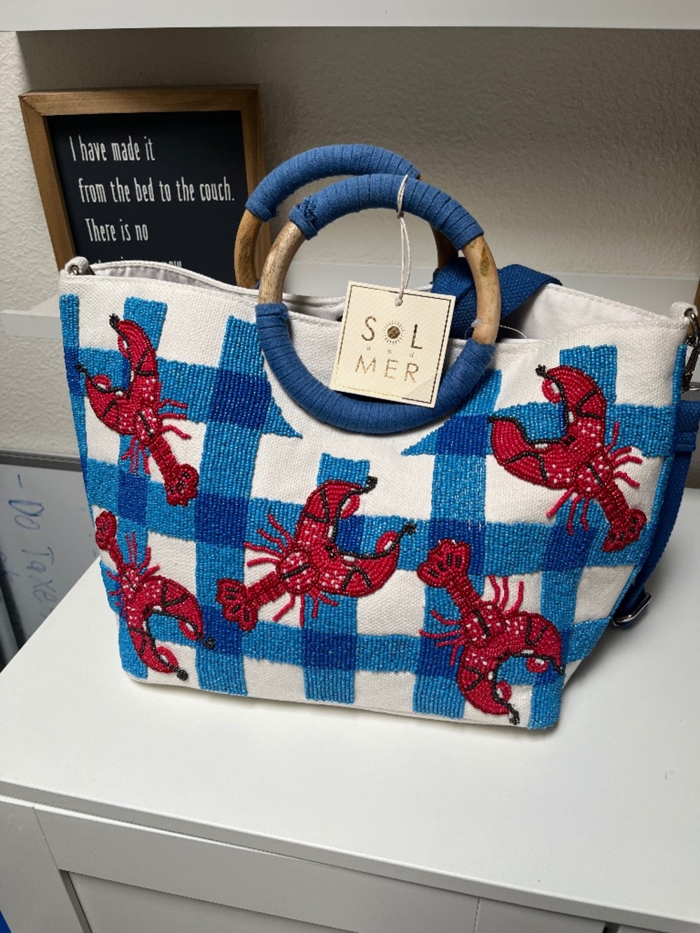 🦞 Sol and Mer Beaded Lobster Tote – Wooden Handles – NWT
